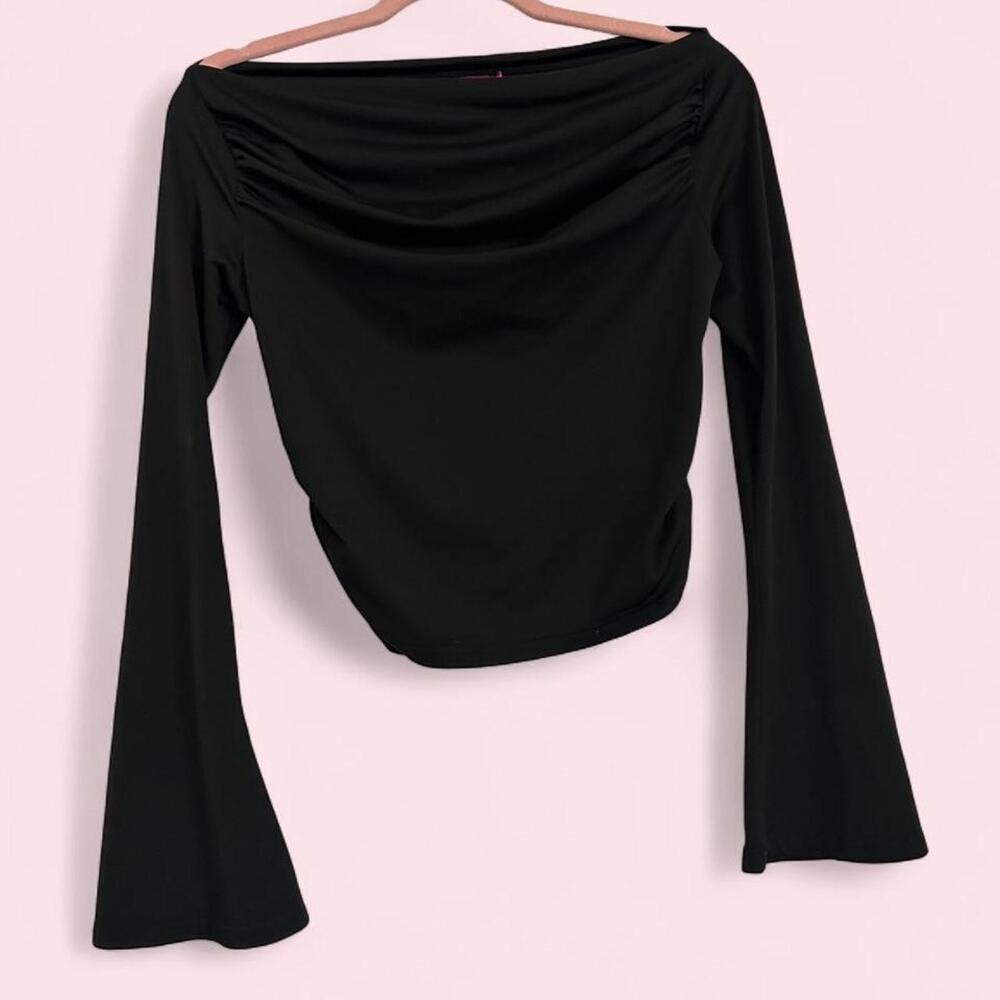 Edikted black off the shoulder long bell sleeve top with draped neckline - L